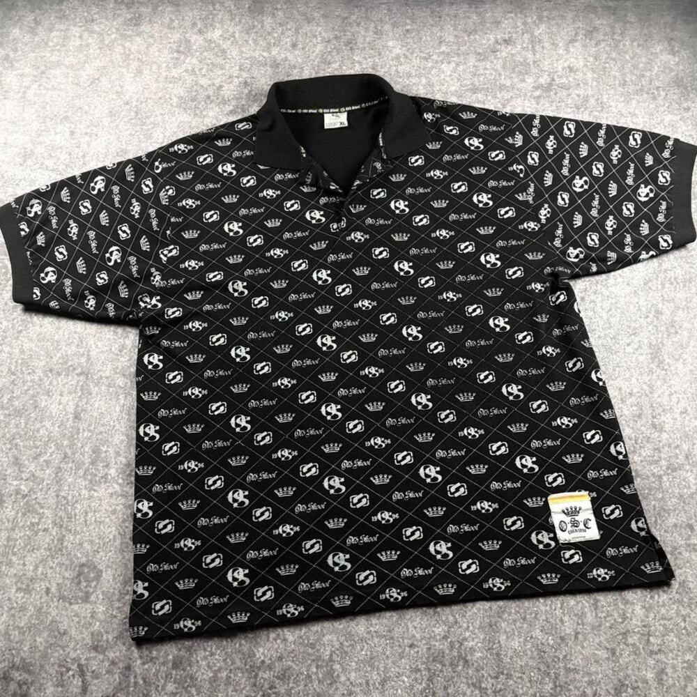 Vintage Old Skool Urban Wear XL Black White Crown All Over Print Polo Y2K